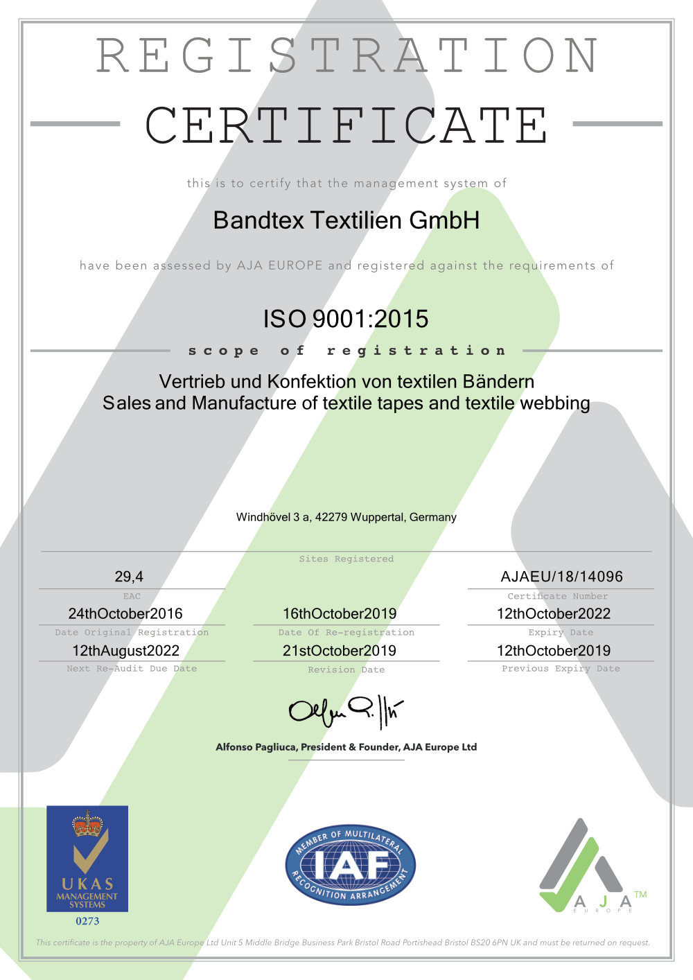 ISO Zertifikat Bandtex bis 2022